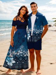 Hibiscus Flower Ethnic Graphic Print Plus Size Matching Hawaii Beach Outfit For Couples -  