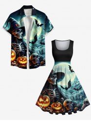 Halloween Skull Skeleton Pumpkin Moon Bat Print Plus Size Matching Outfit For Couples -  