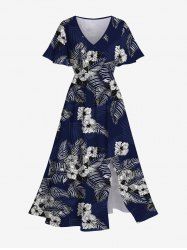 Plus Size Hibiscus Flowers Tropical Leaf Print Split Hawaii Midi Dress -  