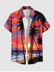 Chemise hawaïenne grande taille à boutons et poches pour homme, imprimé cocotier, nuage, soleil, paysage marin - Orange S