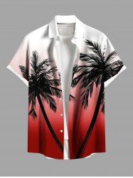 Plus Size Ombre Colorblock Coconut Tree Print Buttons Pocket Hawaii Shirt For Men - Rouge 2XL