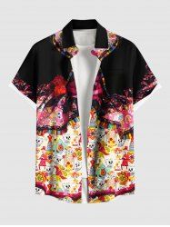 Plus Size Halloween Skulls Flowers Lace Up Cape 3D Print Buttons Pocket Shirt For Men -  