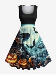 Robe vintage années 50 grande taille à imprimé tête de mort, squelette, citrouille, lune, chauve-souris, Halloween - Noir 1X
