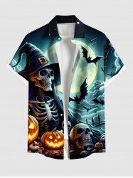 Plus Size Halloween Skull Skeleton Pumpkin Moon Bat Print Buttons Pocket Shirt For Men -  