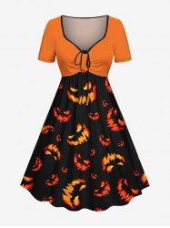 Plus Size Halloween Pumpkin Lantern Face Print Cinched Dress -  