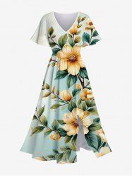 Robe mi-longue hawaïenne fendue à imprimé feuilles et fleurs ombrées grande taille - Gris Clair 5X