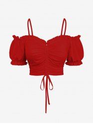 Haut caraco froncé à volants et épaules dénudées grande taille - Rouge 4X