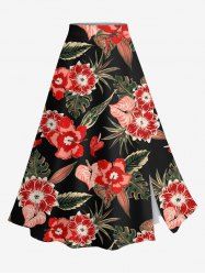 Jupe hawaïenne fendue grande taille à imprimé feuilles tropicales et fleurs d'hibiscus - Rouge 2X