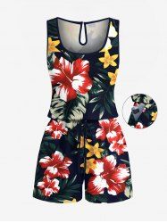 Plus Size Tropical Leaf Hibiscus Flower Print Hawaii Drawstring Pocket Romper -  