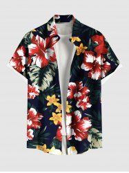Plus Size Tropical Leaf Hibiscus Flower Print Hawaii Button Pocket Shirt For Men -  