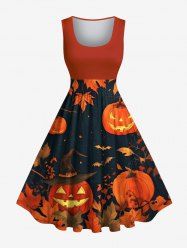 Plus Size Pumpkin Bat Leaf Print Halloween 1950s Vintage Swing A Line Dress -  