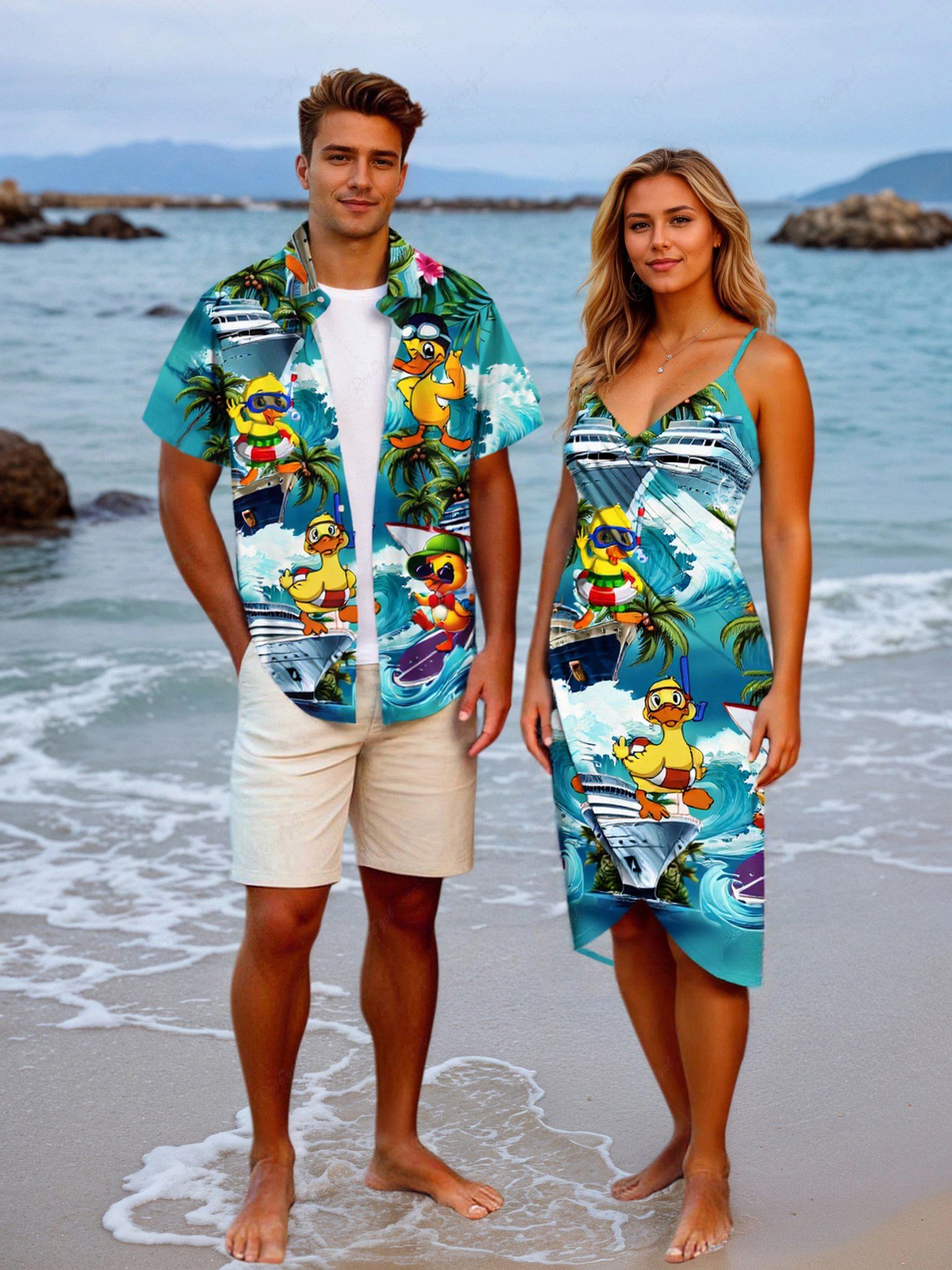 Fancy Ducks Ship Coconut Tree Sea Waves Print Plus Size Matching Hawaii Beach Outfit For Couples  