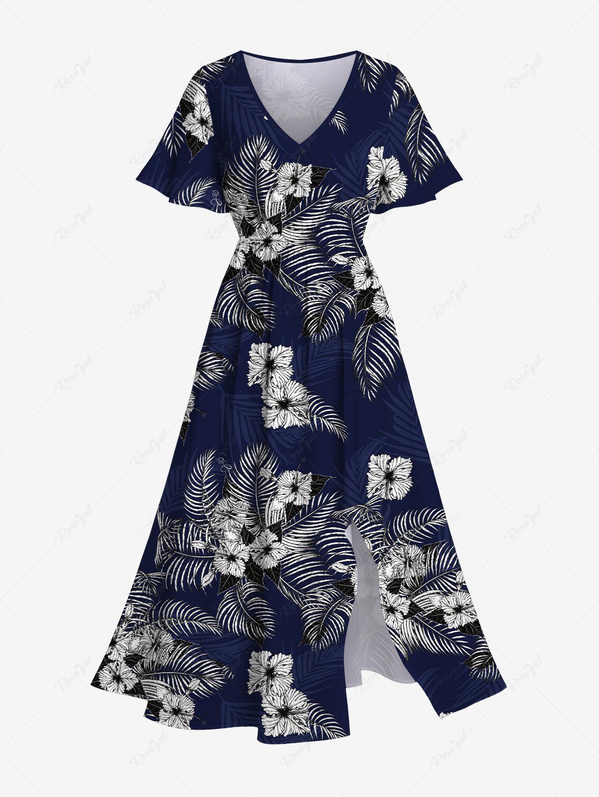 Robe mi-longue hawaïenne fendue grande taille à imprimé feuilles tropicales et fleurs d'hibiscus Bleu Marine XXS