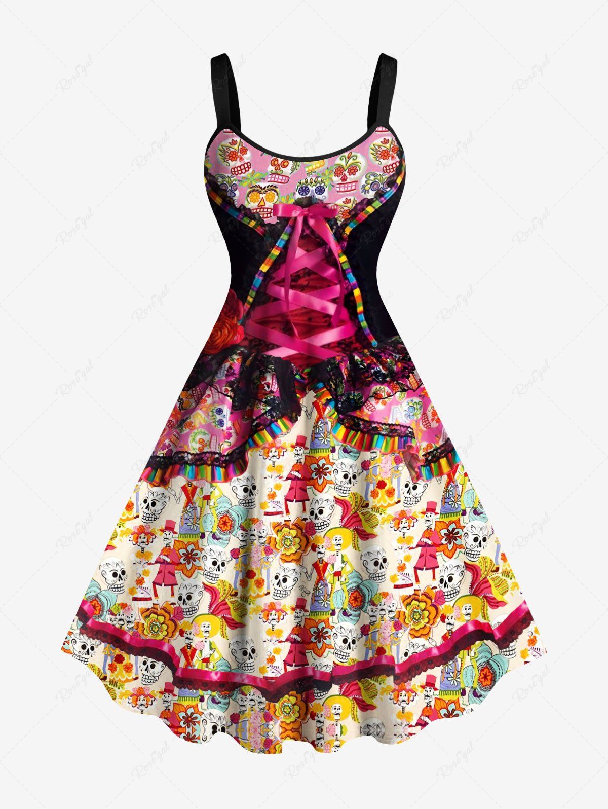 Best Plus Size Halloween Skulls Flowers Lace Up Cape 3D Print Tank Dress  