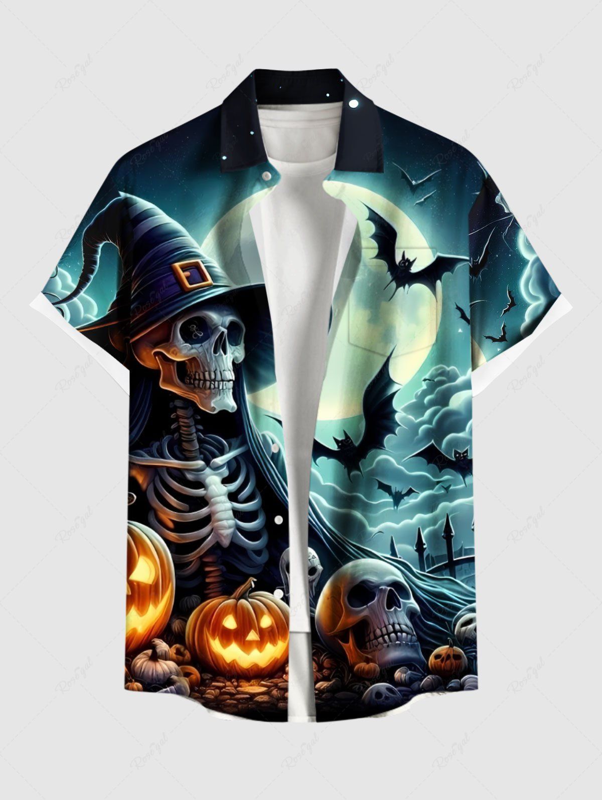Chemise grande taille à boutons et poches pour homme, motif crâne, squelette, citrouille, lune, chauve-souris, Halloween Bleu de Minuit 6XL