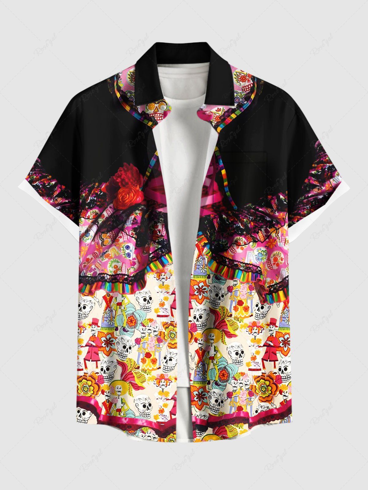 Chemise à lacets grande taille pour homme, motif tête de mort, fleurs, imprimé 3D, boutons et poches Rose clair 2XL