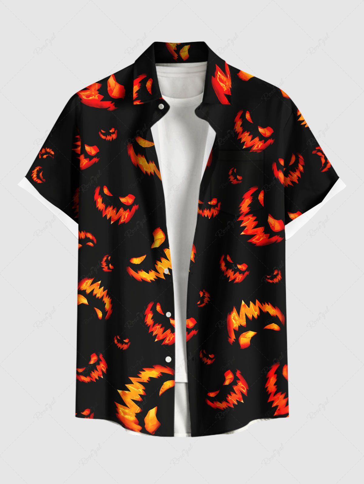 Chemise grande taille à boutons et poches pour homme, motif citrouille et lanterne d'Halloween Noir XL