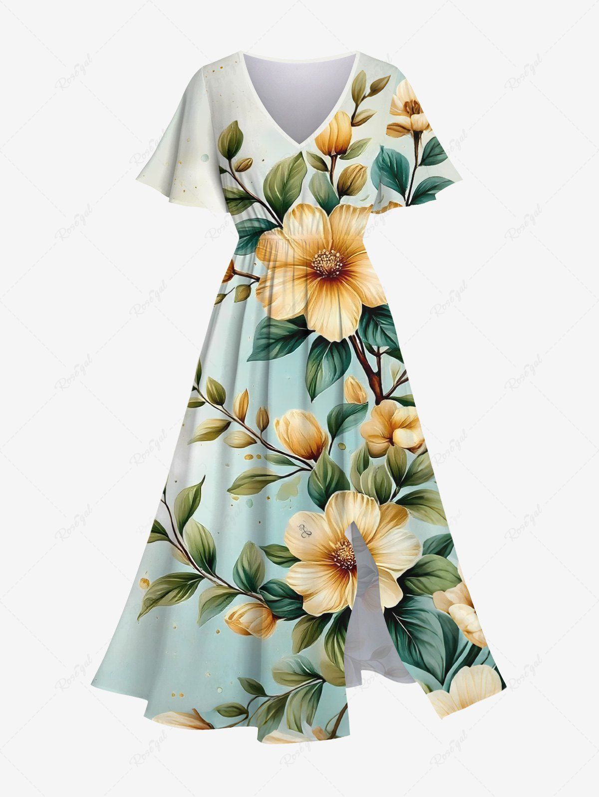 Robe mi-longue hawaïenne fendue à imprimé feuilles et fleurs ombrées grande taille Gris Clair 6X