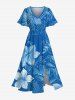Tenue de plage hawaïenne assortie grande taille à imprimé fleurs et feuilles pour couples - Bleu Ciel 