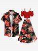 Tenue de plage hawaïenne assortie grande taille à imprimé feuilles tropicales et fleurs d'hibiscus pour couples - Rouge 