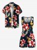 Plus Size Tropical Leaf Hibiscus Flower Print Hawaii Drawstring Pocket Romper -  