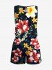 Plus Size Tropical Leaf Hibiscus Flower Print Hawaii Drawstring Pocket Romper -  