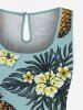 Plus Size Tropical Leaf Hibiscus Flower Pineapple Print Hawaii Drawstring Pocket Romper -  