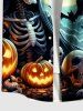 Plus Size Halloween Skull Skeleton Pumpkin Moon Bat Print Buttons Pocket Shirt For Men -  