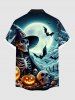 Plus Size Halloween Skull Skeleton Pumpkin Moon Bat Print Buttons Pocket Shirt For Men -  