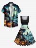 Robe vintage années 50 grande taille à imprimé tête de mort, squelette, citrouille, lune, chauve-souris, Halloween - Noir 1X