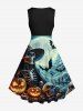 Robe vintage années 50 grande taille à imprimé tête de mort, squelette, citrouille, lune, chauve-souris, Halloween - Noir 1X