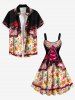 Plus Size Halloween Skulls Flowers Lace Up Cape 3D Print Tank Dress -  
