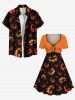 Plus Size Halloween Pumpkin Lantern Face Print Cinched Dress -  