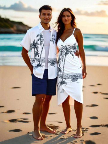 Coconut Tree Ship Seascape Print Plus Size Matching Hawaii Beach Outfit For Couples