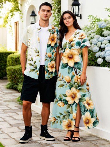 Ombre Flowers Leaf Print Plus Size Matching Hawaii Beach Outfit For Couples - LIGHT GRAY