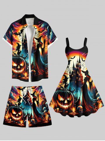 Halloween Pumpkin Lantern Skull Wizard Bat Castle Moon Print Plus Size Matching Outfit For Couples - ORANGE