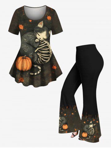 Skeleton Cat Pumpkin Leaf Print Halloween Women T-shirt and Flare Pants Plus Size Matching Set - BLACK