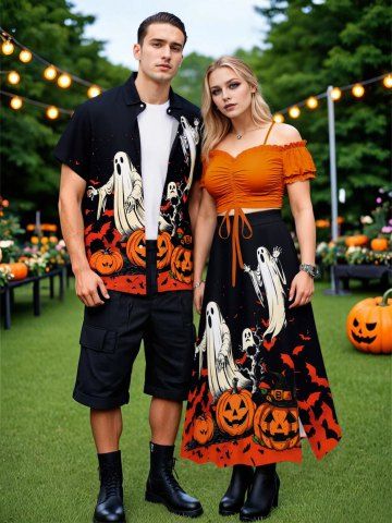 Halloween Pumpkin Ghost Bat Tree Print Plus Size Matching Outfit For Couples - ORANGE