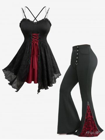 Gothic Lace-up Crisscross Chains Strapy Plisse Tank Top and Flocking Pockets Flare Pants Plus Size Outfit - BLACK