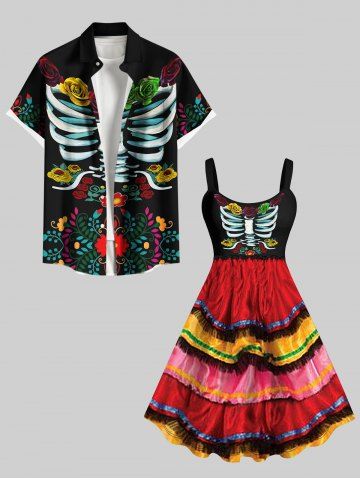 Halloween Skeleton Flowers Leaf Print Plus Size Matching Outfit For Couples - BLACK