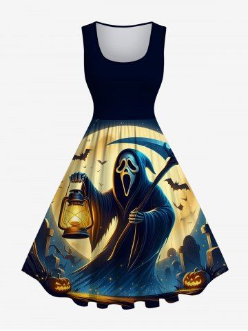 Plus Size Halloween Moon Ghost Bat Print 1950s Vintage Dress - BLACK - XXS