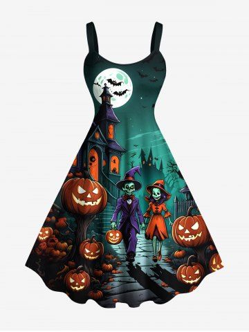 Plus Size Halloween Pumpkin Skull Ghost Moon Bat Print Tank Dress - GREEN - L