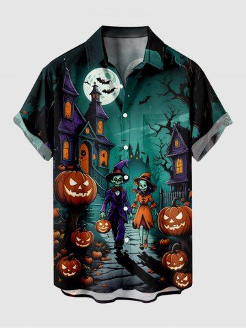 Plus Size Halloween Pumpkin Skull Ghost Moon Bat Print Buttons Pocket Shirt For Men - BLACK - 2XL
