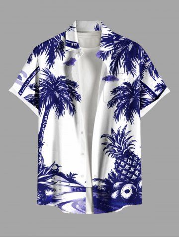 Plus Size Coconut Tree Pineapple Cloud Print Buttons Pocket Hawaii Shirt For Men - WHITE - S
