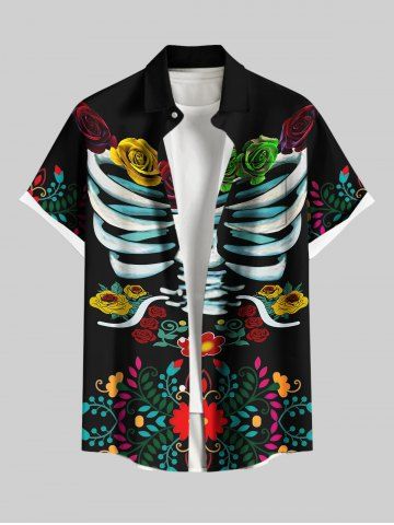 Plus Size Halloween Skeleton Flowers Leaf Print Buttons Pocket Shirt For Men - BLACK - XL