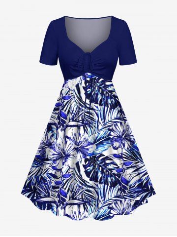 Plus Size Hibiscus Flowers Leaf Tropical Leaf Print Cinched Hawaii Dress - NAVY BLUE - XS