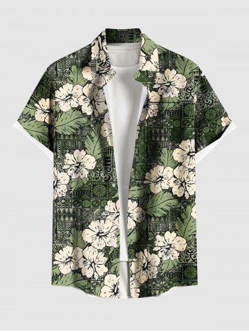 Plus Size Hibiscus Flowers Leaf Scarf Print Buttons Pocket Hawaii Shirt For Men - GREEN - 4XL