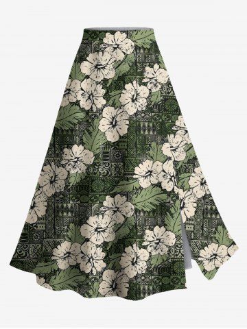Plus Size Hibiscus Flowers Leaf Scarf Print Split Hawaii Skirt - GREEN - L