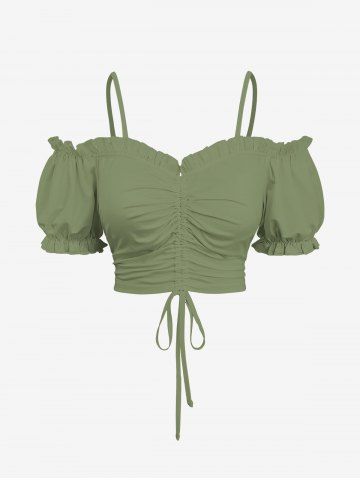 Plus Size Cinched Ruched Ruffles Cold Shoulder Cami Top - GREEN - 6X