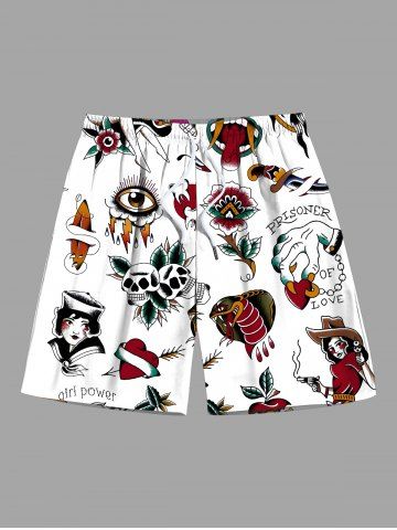 Plus Size Skull Flower Eye Snake Print Hawaii Drawstring Pocket Beach Shorts For Men - WHITE - 3XL